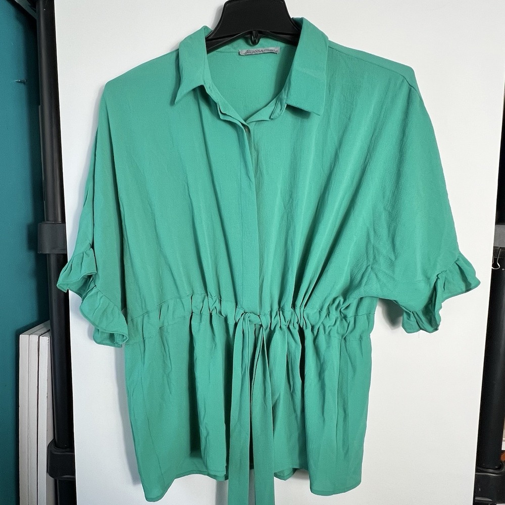 Arianna by Howards Green Tie Waist Blouse Womens One Size EUC -See‎ Measurements